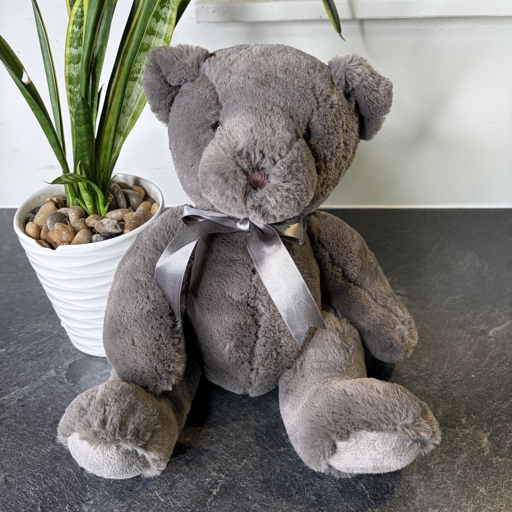Restoration Hardware Teddy Bear Plush Stuffed Animal W Bow Grey Super Soft